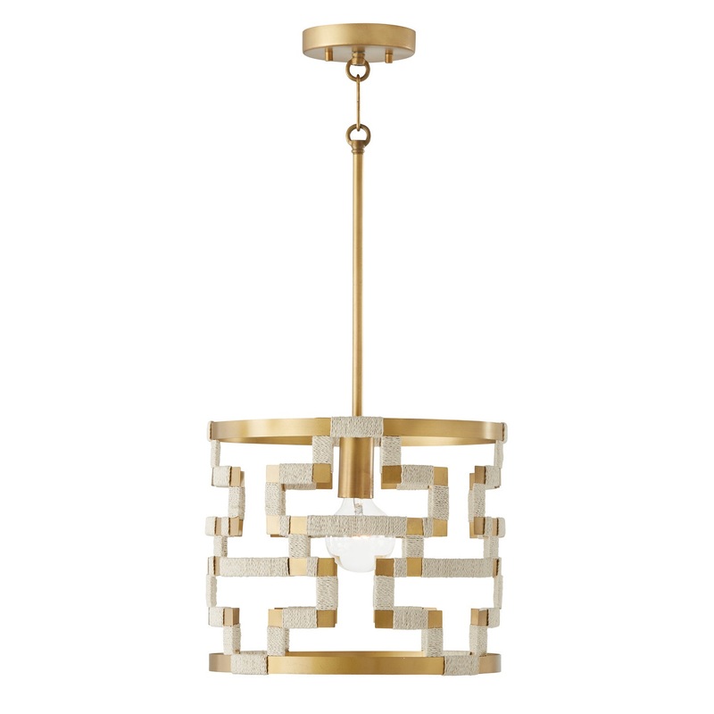 Capital Lighting 341011NL Hala One Light Pendant, Bleached Natural Jute and Patinaed Brass