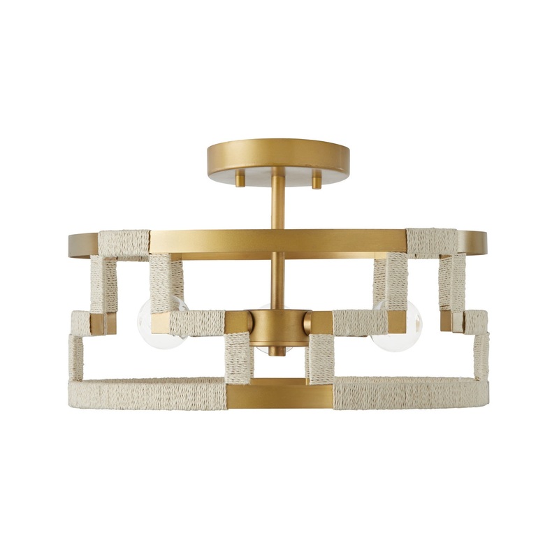 Capital Lighting 241031NL Hala Three Light Semi-Flush Mount, Bleached Natural Jute and Patinaed Brass